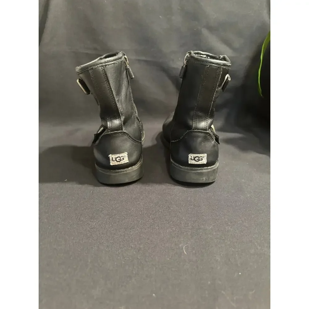 Girl’s Kids Youth UGG Kinzey Black Leather Moto Zip Buckle Boots, size 3 EUC